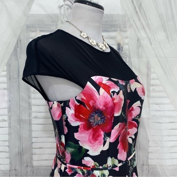 Adrianna Papell Pink Black Illusion Floral Mikado Gown Dress Formal Full Length - Picture 9 of 16